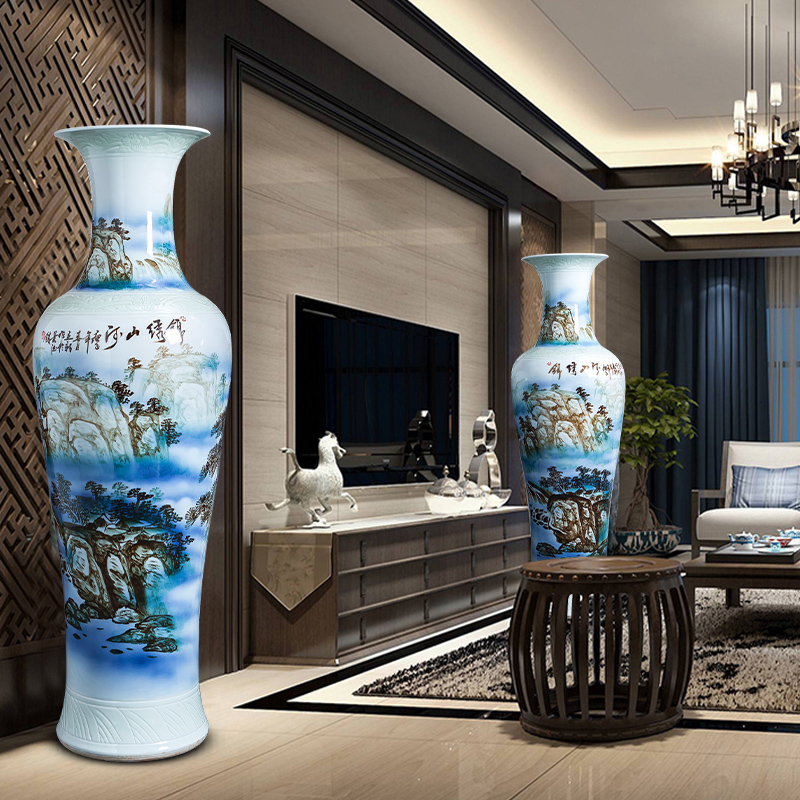 Hand - made ground landscape big vase of blue and white porcelain of jingdezhen ceramics home sitting room decoration to the hotel opening furnishing articles