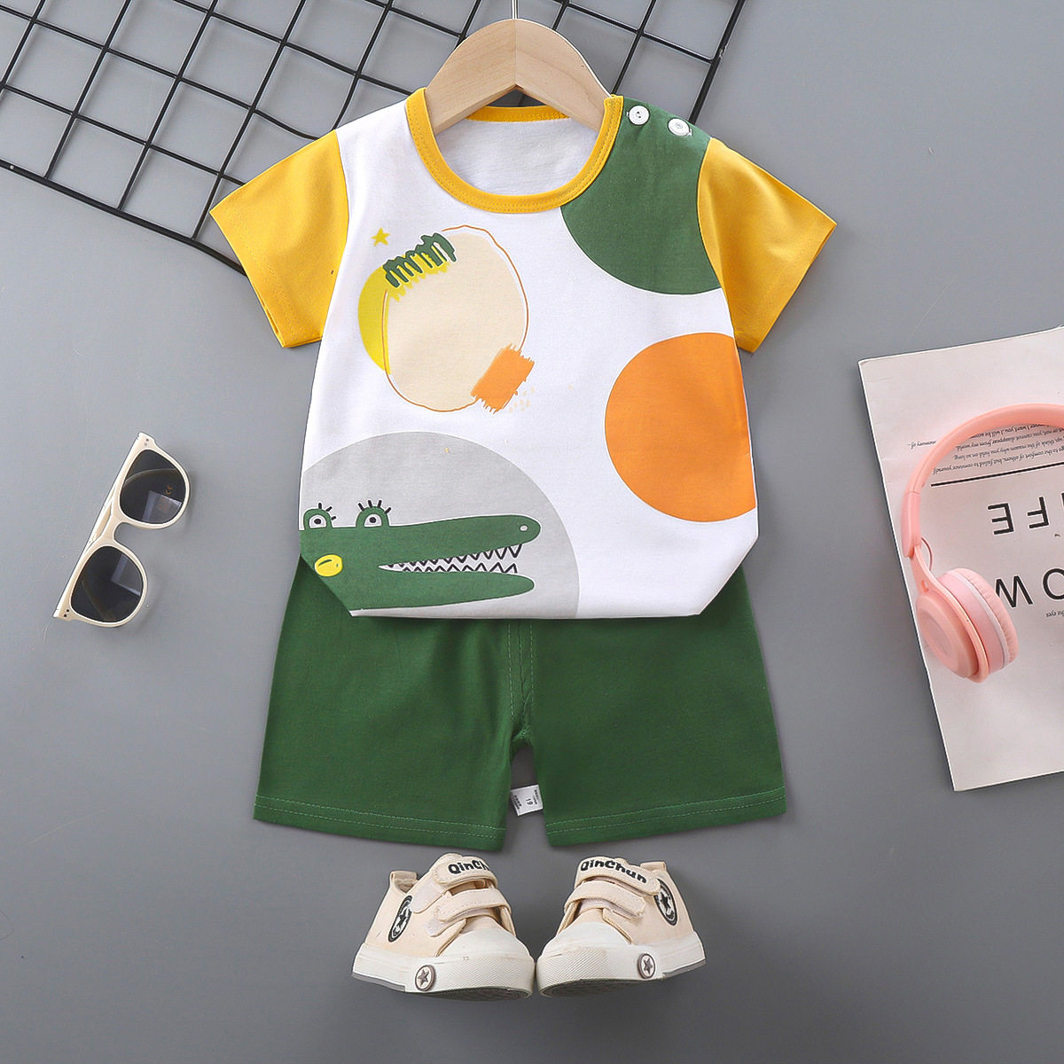 kids cotton short sleeve t shirt & shorts set cute cartoon summer outfit