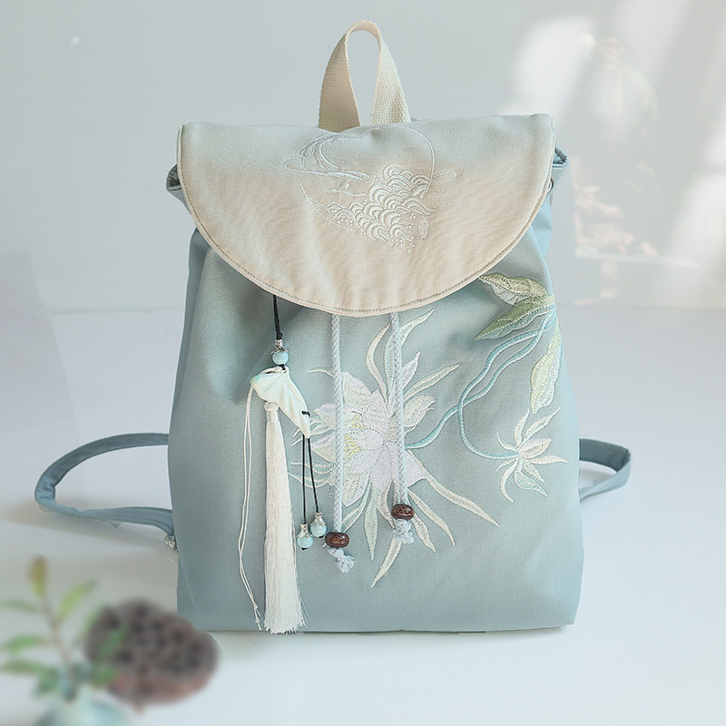 Summer new vintage Chinese ethnic ancient style Hanfu Sen system literary embroidery drawstring canvas backpack backpack woman