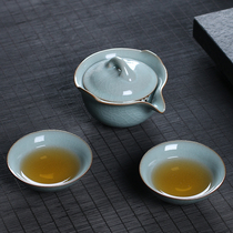 Longquan celadon hand grab pot fast guest Cup three bowls one pot two cups portable giln ice cracking travel kung fu tea set