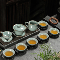 Longquan Celadon Three Cai Bowl Kung Fu Tea Set Home Tea Cup Set Home Tea Cup Whole Go Kiln Ice Cracking Simple Tea Ceremony