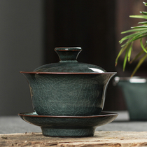 Longquan celadon Sicai bowl tea cup household handmade ceramic tea large iron tire ice crack kung fu tea set single