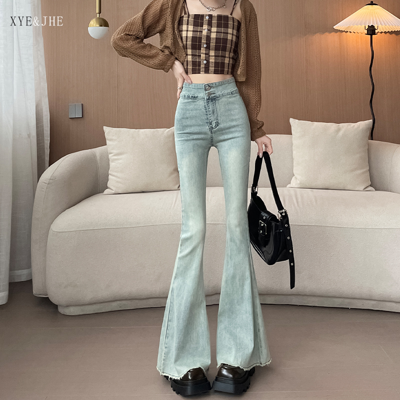 Light-Colored Flared Pants, Summer 2026, Thin High-Waisted Floor-Length Design, Fleece-Lined, Slightly Flared Denim Fishtail Pants
