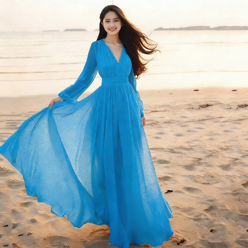 Spring and Summer New Style Long-Sleeved High-Waisted Chiffon Dress for Women, Suitable for a Beach Vacation in Sanya, with a Flowing, Large-Swing Long Skirt