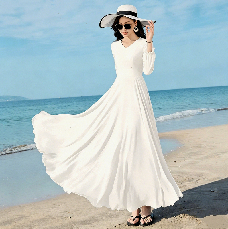 Spring and Summer New Long-Sleeved Chiffon Dress for Women, Double-Layered, Large Hem, Slimming Beach Dress, Plus Size, Mid-Length Dance Dress