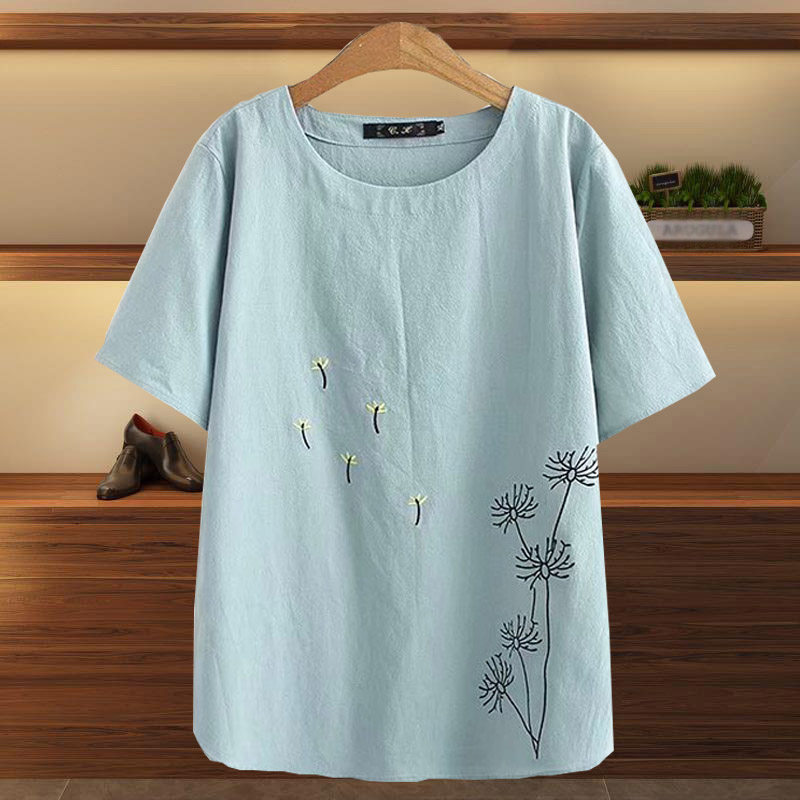 Summer dress new middle aged embroidered short sleeves cotton T-shirt large size loose fashion mom clothes mother-in-law T-shirt