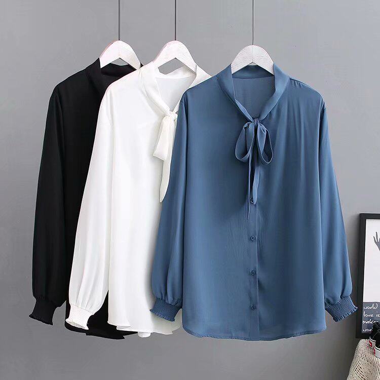 Spring clothing new middle aged mother dress blouses Korean version butterfly knot collar shirt large size loose fashion snow-spinning jersey woman