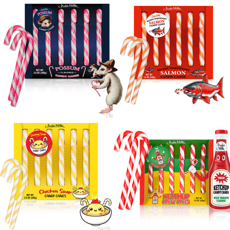 Funny Christmas Candy Cane Series: Mushroom/Spicy Tomato Sauce/Bacon/Dill/Fried Chicken/Rice Noodle Flavor 
