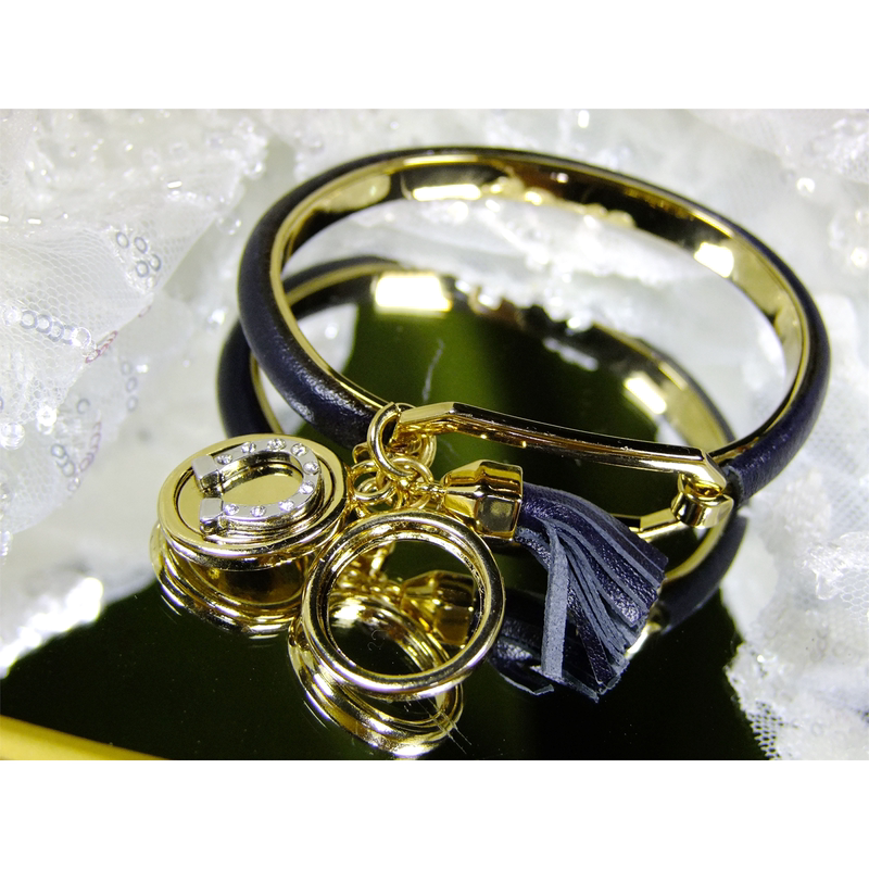 Korean-Made European and American Vintage Style Exquisite Gold-Plated Dark Blue Pu Leather Bracelet with Full Rhinestones, Horseshoe Tassels, and Multiple Pendants
