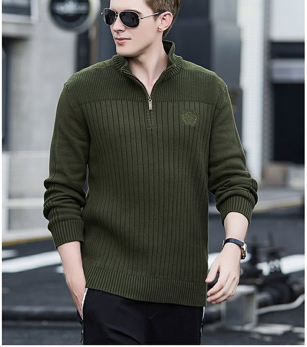 Một nửa dây kéo áo len mùa thu và mùa đông nam cotton đứng cổ áo len dày rộng kích thước lớn áo sơ mi nam dòng áo khoác - Kéo qua hoodie nam