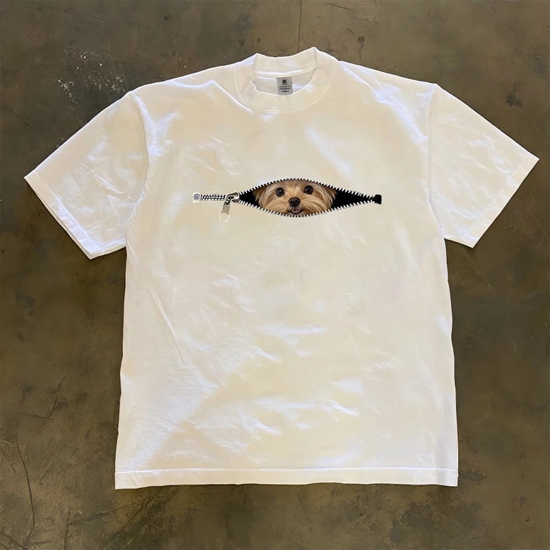 【24H Pure Cotton】260G Zippered Dog-Themed Pure Cotton Niche Personality Short-Sleeve T-Shirt, Summer Round Neck, Loose Fit, Unisex
