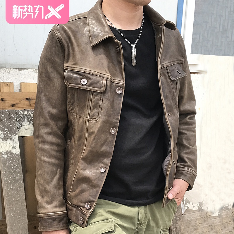 2025 New Men's Slim-Fit Short Distressed Genuine Leather Jacket Stylish Turn-Down Collar Leather Jacket Trendy Sheepskin Coat 2025 New Men's Slim-Fit Short Distressed Genuine Leather Jacket Stylish Turn-Down Collar Leather Jacket Trendy Sheepskin Coat