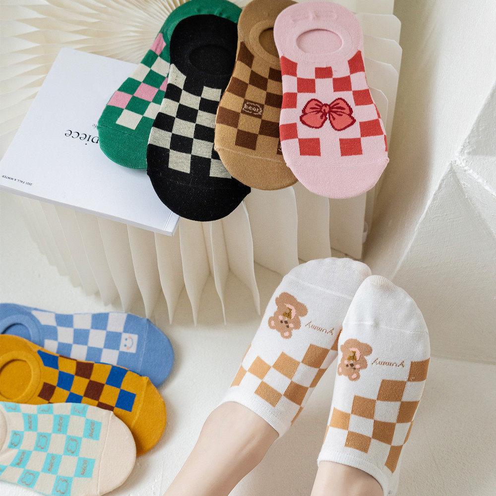 Spring and summer New Pints INS Literary Coloured chessboard Glight Invisible Sox socks Jane about 100 Lapped Cute Invisible Socks