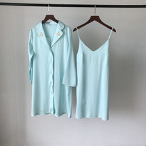 Pajamas female summer ice silk sexy nightgown female summer robe two-piece Large size home clothing long sleeve suit embroidery spring and autumn