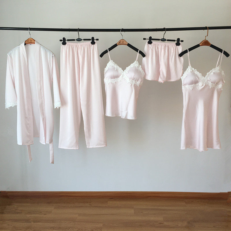 Sleepwear Women's Summer Five Suits Korean Version Ice Silk Sexy Harnesses Shorts With Chest Pads Lady Long Pants Sleeping Dresses Sleeping Robes