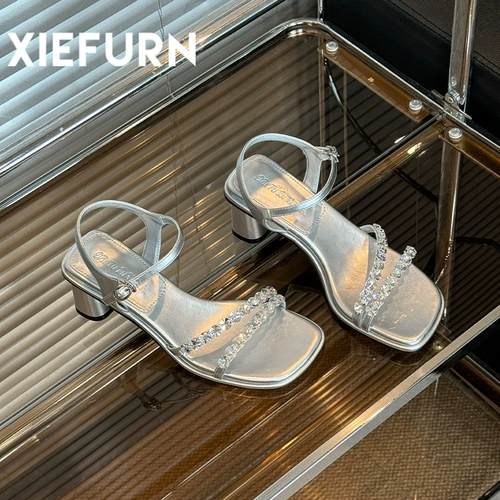 Xiefu/Shoes Lady Othestone Женские сандалии с одной полосой 2025 Новые высокие каблуки квадратный носок высокие каблуки сандалии