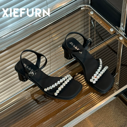 Xiefu/Shoes Lady Othestone Женские сандалии с одной полосой 2025 Новые высокие каблуки квадратный носок высокие каблуки сандалии