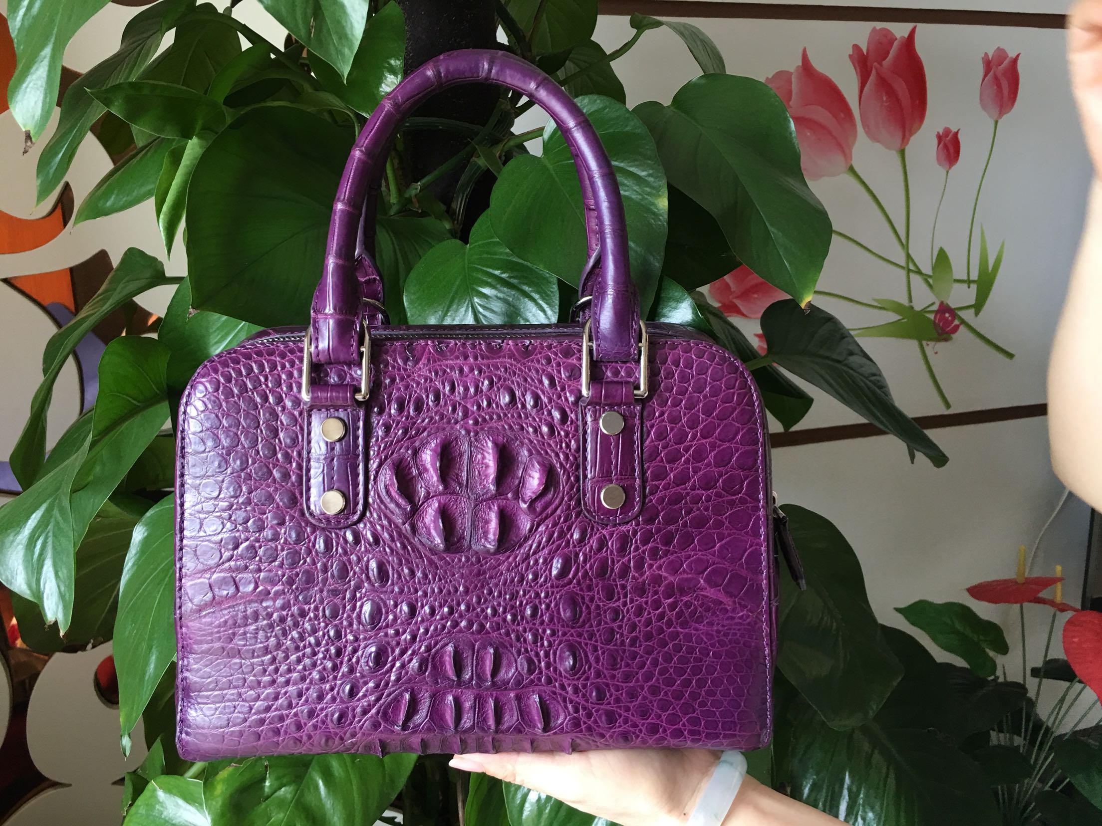 Woman's old crocodile head skull leather handbag upscale genuine leather big bag with bag Fashion Purple Purple Clear Barn Special Price