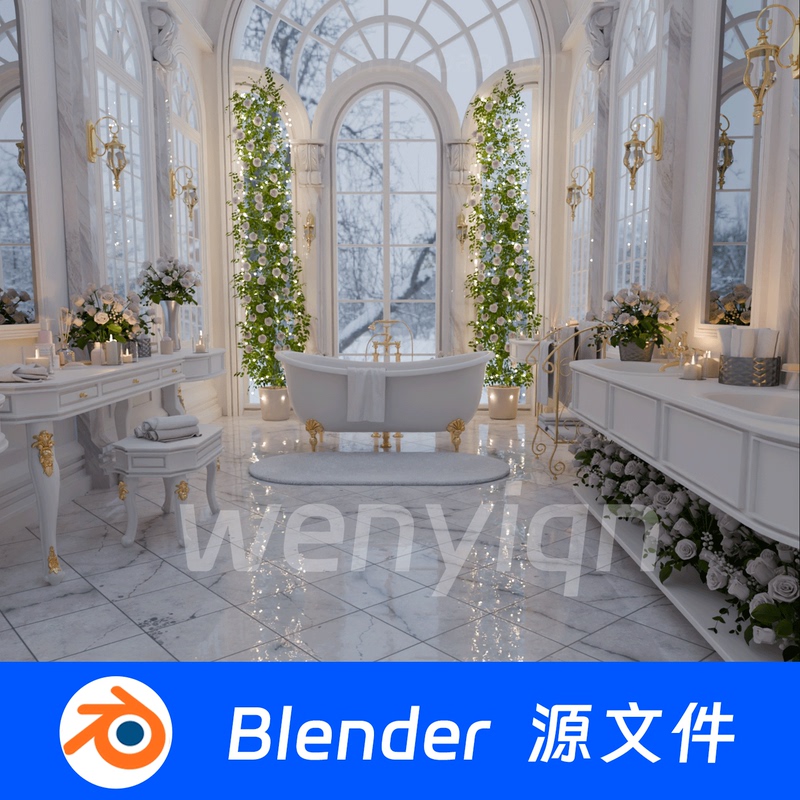 Luxury Bathroom Bathtub Washroom Sink Mirror Hotel Villa Rose Blender Scene Model 2526