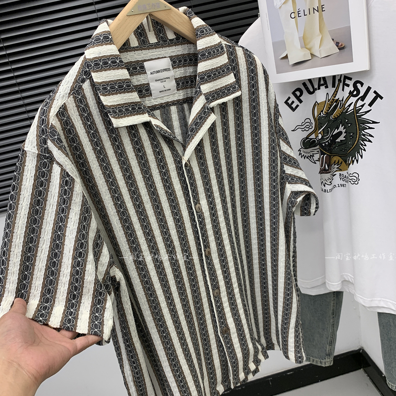 Lightweight! Crochet Stripes! Stylish! Japanese Retro Cuban Collar Loose Casual Short-Sleeve Shirt for Men and Women