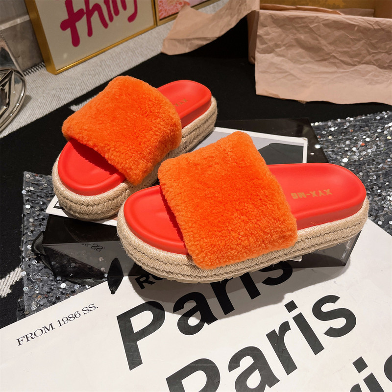 Wool Version~European Style Fur One-Strap Linen Straw Thick-Soled Platform Sandals for Outdoor Wear, Furry Shoes for Women
