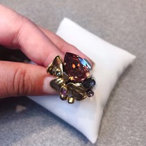 Big Designer 24k Gold Plated Leaf Vein Berry Premium Tea Grey Crystal Open Ring