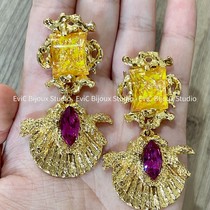 French retro king G home gold foil rock candy crystal shell earrings 1868 deposit 1200