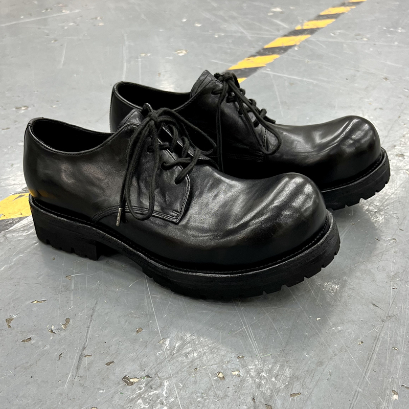 Black Top-Layer Horsehide Hand-Stitched Goodyear Welted Washed Dog-Tooth Sole Mickey Derby 002 Leather Shoes Black Top-Layer Horsehide Hand-Stitched Goodyear Welted Washed Dog-Tooth Sole Mickey Derby 002 Leather Shoes