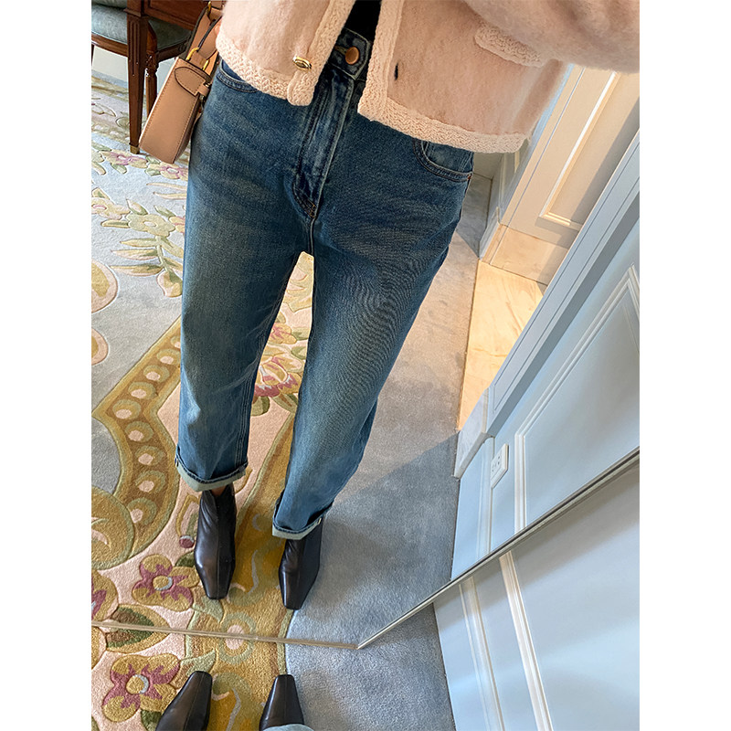 ADA MISS autumn 2022 new trendy retro small cuffed two-wear high waist thin straight 9 points jeans for women