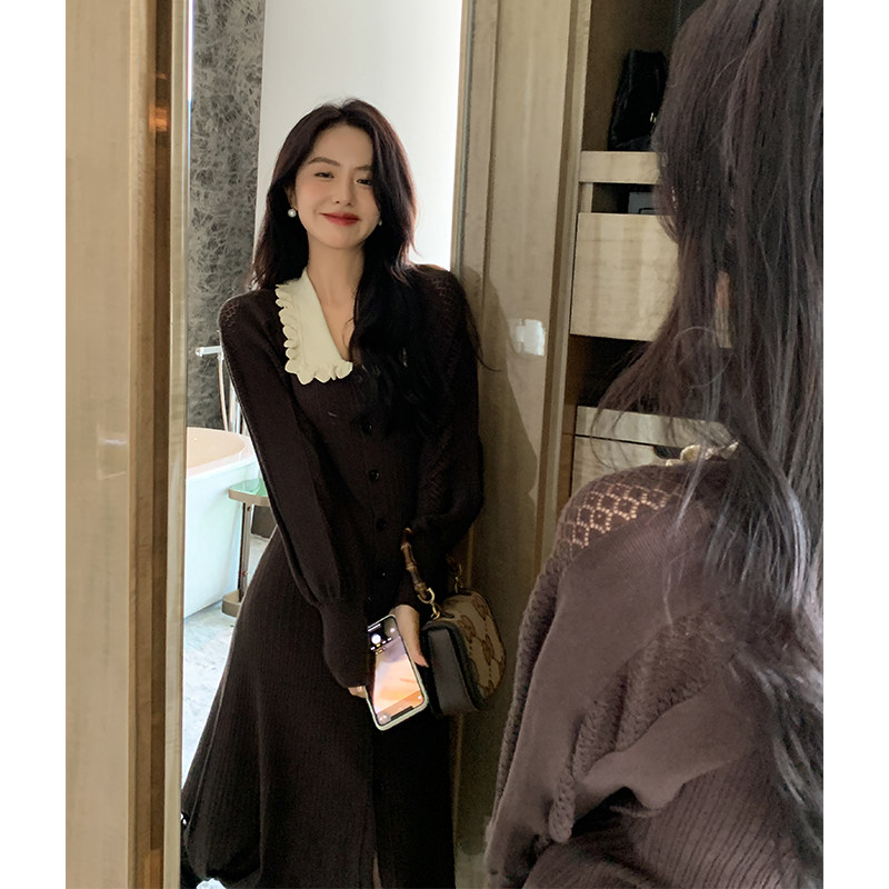ADA MISS autumn 2022 new French heavy industry lace collar puff sleeve mid-length dress high waist long skirt female