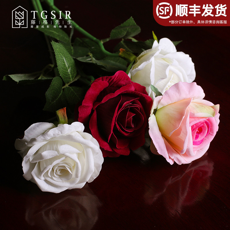 European style rose bouquet imitation flower single flannelette fake flower living room TV cabinet tea table table high vase flower arrangement