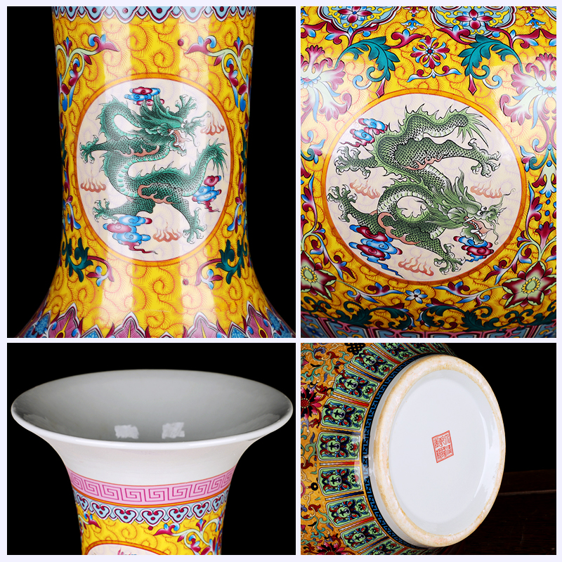 Jingdezhen ceramics large vases, new Chinese style living room colored enamel furnishing articles lucky bamboo flower arranging, home decoration