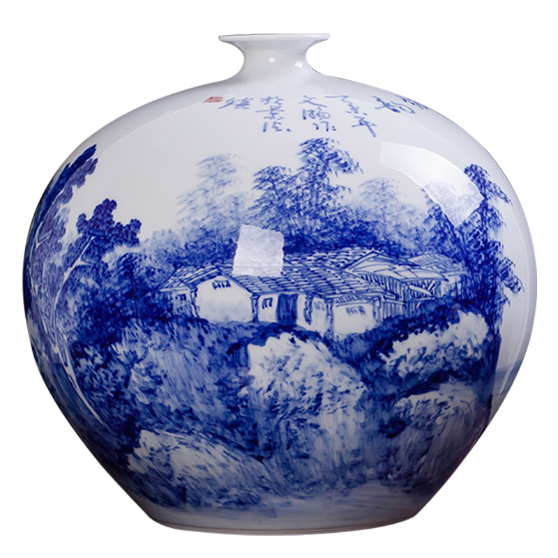 Jingdezhen ceramics famous Wu Wenhan hand - made of blue and white porcelain vase pomegranate landscape classical collection certificate