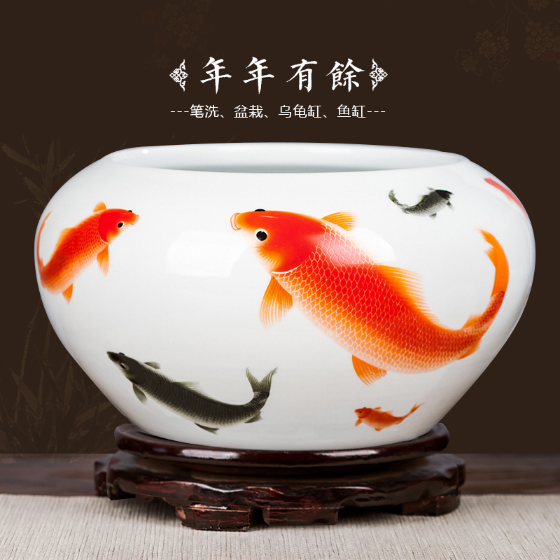 Small fish tank water lily of jingdezhen ceramics basin bowl lotus tortoise cylinder aquarium handicraft furnishing articles writing brush washer with fish pot cylinder