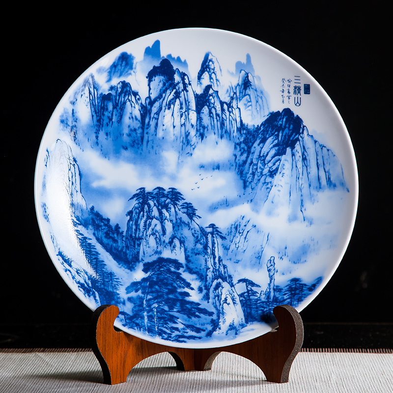Jingdezhen ceramics furnishing articles hanging dish home decoration crafts mountain wine blue - and - white decoration plate