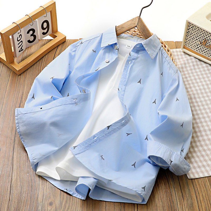 Boys' Spring and Autumn Long-Sleeved Thin Printed Children's Shirt, Big Kids' Collared Shirt with Curved Hem Top