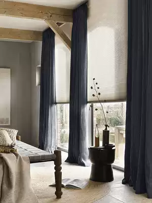 Original custom Crow cyan linen semi-blackout curtains heavy water washed linen living room balcony floor-to-ceiling window curtains