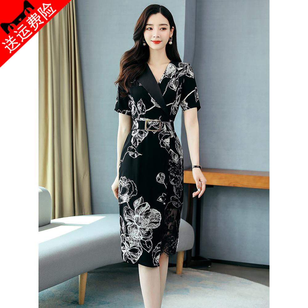 Short-sleeved V-neck waist dress 2021 summer women's mid-length version fashionable and slim black suit printing skirt