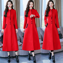 Red wool coat womens long 2020 autumn and winter new Korean slim-fit Ni Zi long knee coat tide