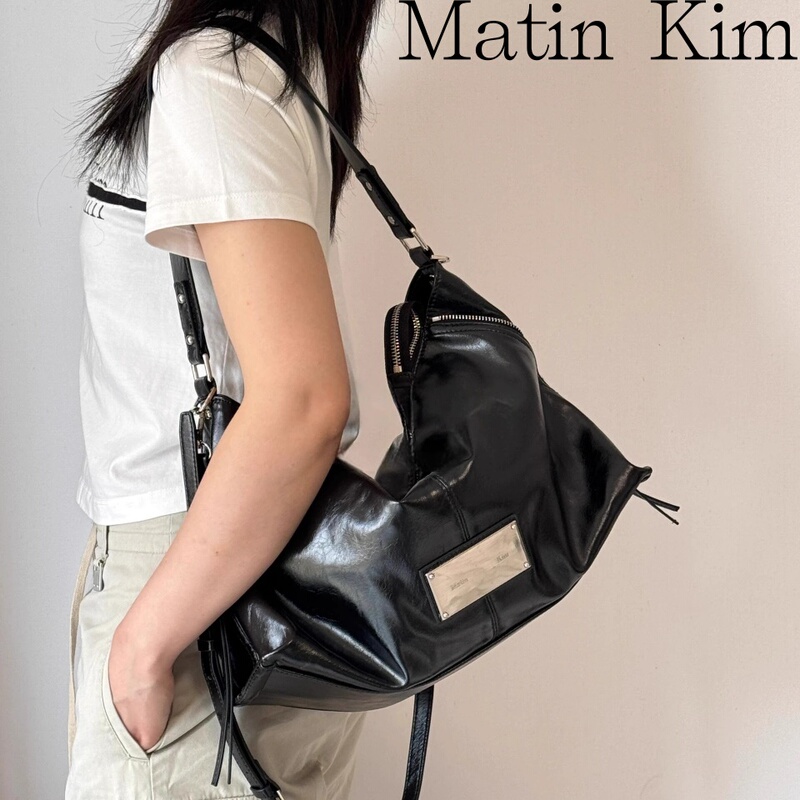 Korean Genuine Matinkim Black Warrior Side Zipper Tote Bag Oil Wax Leather Motorcycle Bag Single Shoulder Handbag Crossbody Bag
