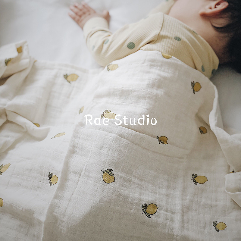 Rae Studio muslin gauze wrapper organic cotton swaddle towel cute cherry lemon print cover blanket