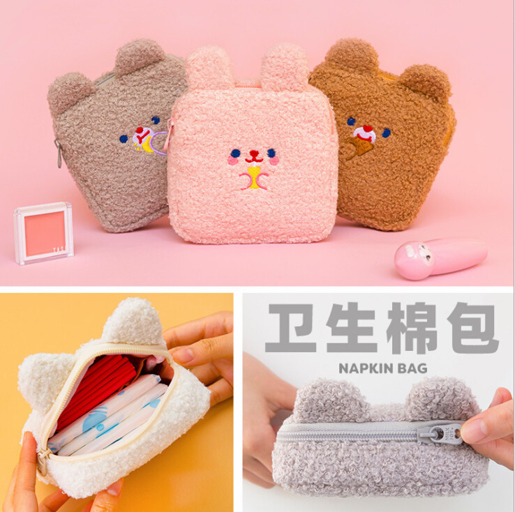ins student sanitary cotton wrap Japan-ROK cartoon plush embroidered moon matter bag with large capacity sanitary cotton containing bag