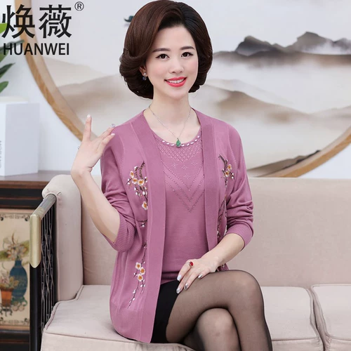 Весенний трикотажный комплект для матери, свитер, куртка, осенний тонкий кардиган для пожилых людей, большой размер, для среднего возраста