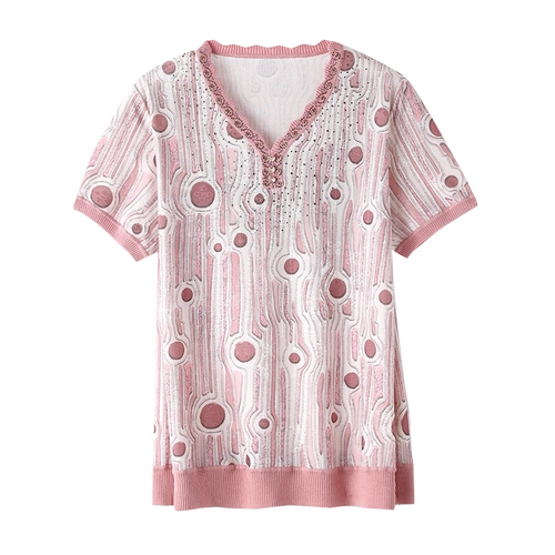 Летняя одежда для матери с круглым воротником, шелковая кружевная футболка, короткий рукав, для среднего возраста, в западном стиле