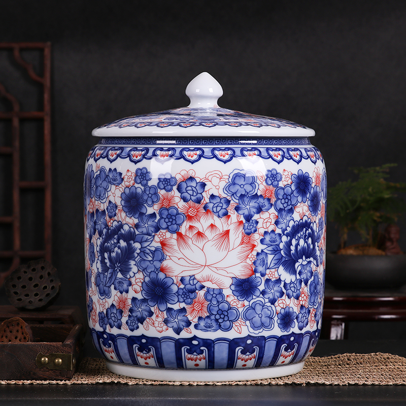 Jingdezhen ceramic cylinder bucket rice tank household 15 kg 20 pound packing cover sealed storage tank insect proof