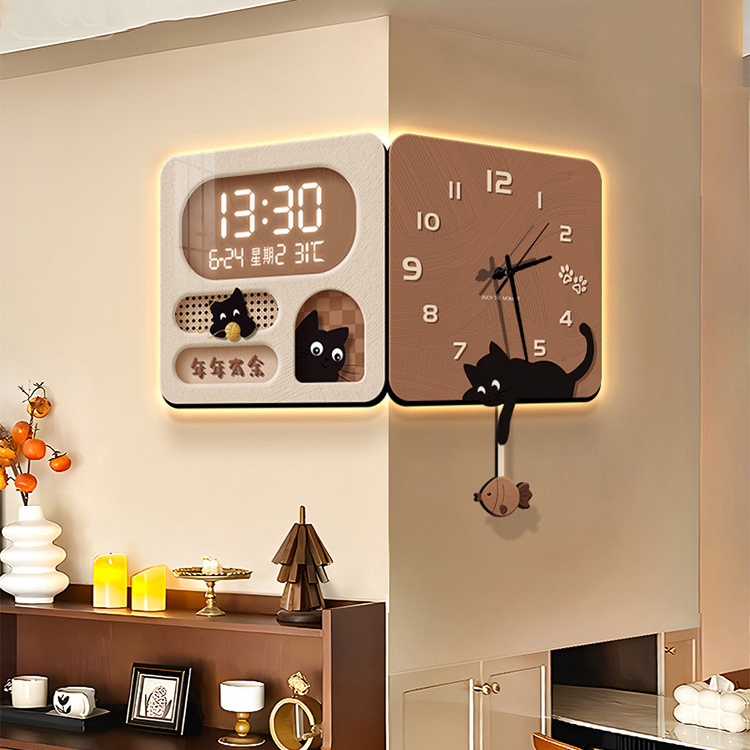 Vintage-Style Corner Wall Clock for Living Room, Perpetual Calendar, Digital Display Electronic Clock, Home Wall-Mounted High-End Corner Double-Sided Clock