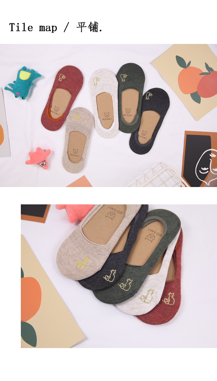Mùa xuân và mùa hè mỏng của phụ nữ vớ cotton thêu mèo con phụ nữ vớ vô hình đại học gió hoang dã silicone chống trượt vớ nông - Bít tất nữ vớ chân