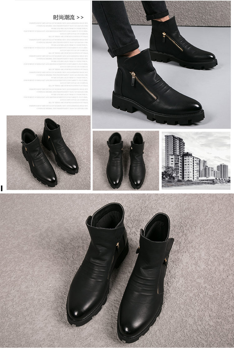 Martin boot nam Anh Hàn Quốc xu hướng mùa đông ấm áp cộng với giày nhung cotton Giày boot nam mũi nhọn giày da nam cao cổ đẹp