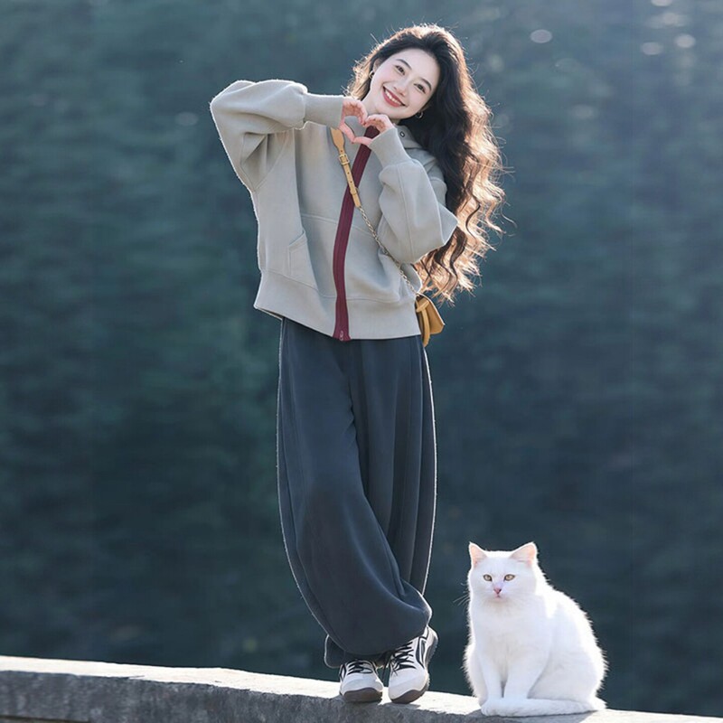 Korean Style Lazy Style Sports Suit for Women, New Autumn Style, Loose and Slimming Hooded Sweatshirt, Wide-Leg Pants, Casual Two-Piece Set