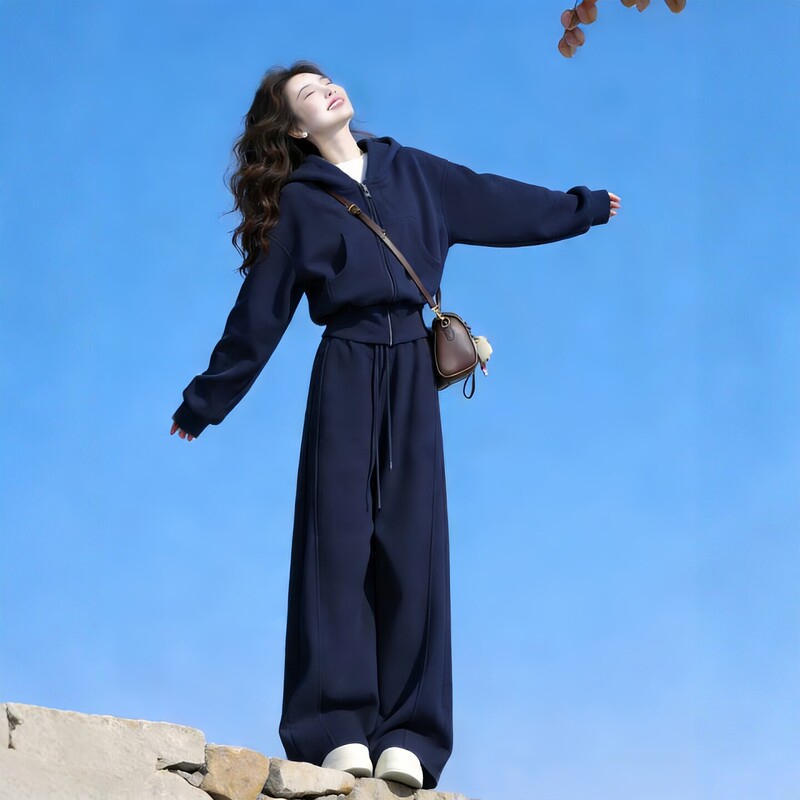 Pure Cotton Sportswear Suit for Women in Autum, Loose and Slimming, Korean Style Fashionable Sweatshirt, Wide-Leg Pants, Casual Two-Piece Set for Running